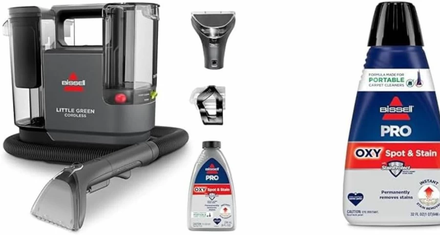Bissell Little Green Cordless Portable Carpet Cleaner with SmartMix Technology, Hydrorinse Self-Cleaning Hose, Includes Oxy Spot & Stain Remover, Powerful Cordless Suction for Stairs & Upholstery