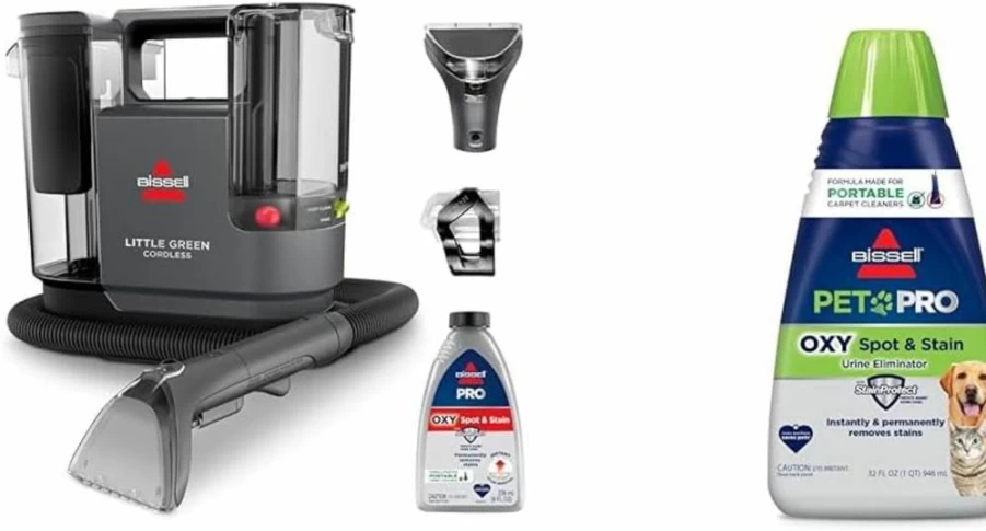 Bissell Little Green Cordless Portable Carpet Cleaner with SmartMix Technology, Hydrorinse Self-Cleaning Hose, Includes Oxy Spot & Stain Remover, Powerful Cordless Suction for Stairs & Upholstery